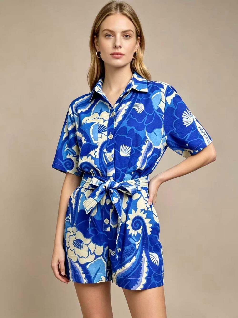 NWOT Farm Rio Linen-Blend Tropical Groove Belted Romper Blue Floral Size S - Picture 1 of 12